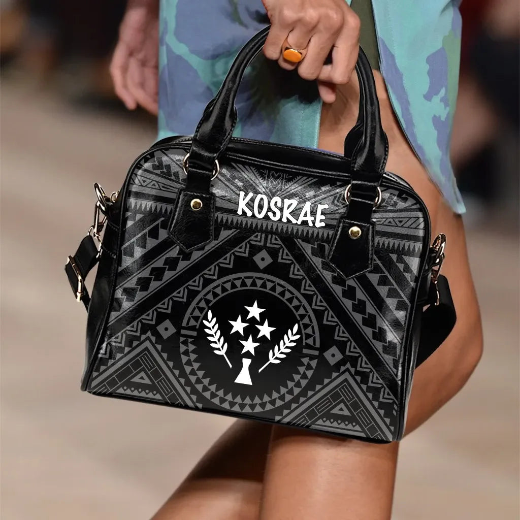 Kosrae Shoulder Handbag Kosrae Flag In Polynesian Tattoo Style Black