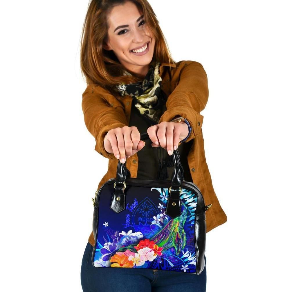 Guam Custom Personalised Shoulder Handbag Humpback Whale With Tropical Flowers Blue
