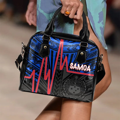 Samoa Shoulder Handbag Samoa Seal With Heartbeat Polynesian Pattern Blue