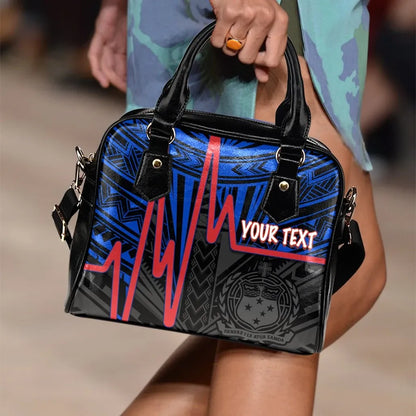 Samoa Personalised Shoulder Handbag Samoa Seal With Heartbeat Polynesian Pattern Blue
