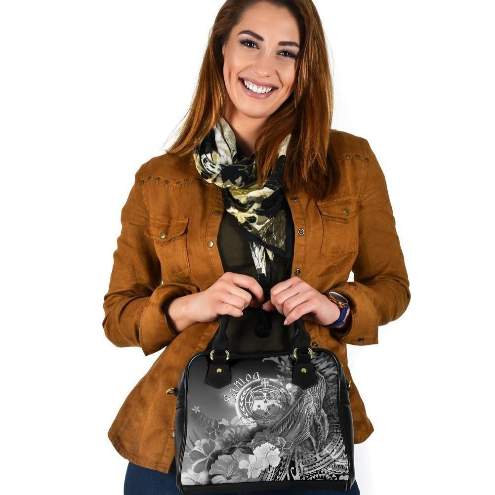 Samoa Shoulder Handbag Humpback Whale With Tropical Flowers White
