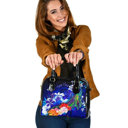 Kosrae Custom Personalised Shoulder Handbag Humpback Whale With Tropical Flowers Blue
