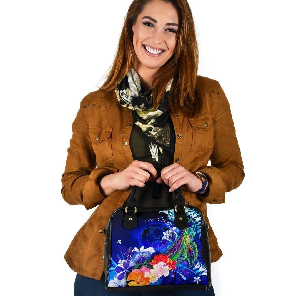 Pohnpei Custom Personalised Shoulder Handbag Humpback Whale With Tropical Flowers Blue