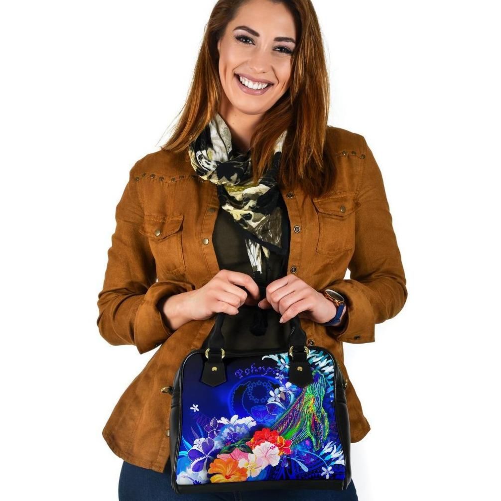 Pohnpei Shoulder Handbag Humpback Whale With Tropical Flowers Blue