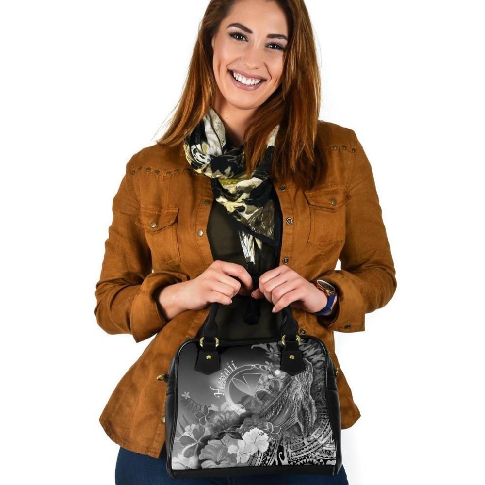 Polynesian Hawaii Shoulder Handbags Kanaka Maoli Humpback Whale With Tropical Flowers White