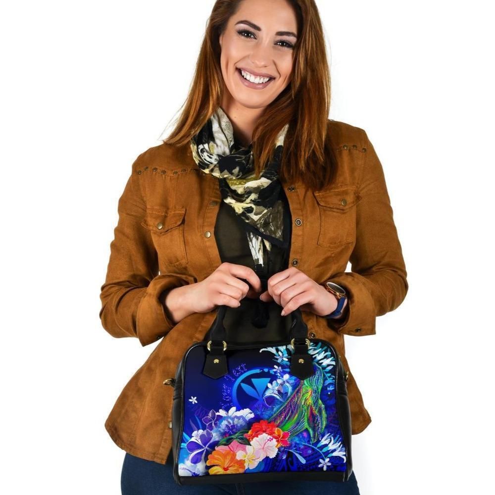 Polynesian Hawaii Custom Personalised Premium Shoulder Handbags Kanaka Maoli Humpback Whale With Tropical Flowers Blue