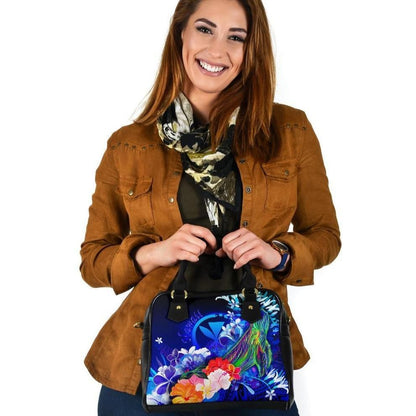 Polynesian Hawaii Shoulder Handbag Kanaka Maoli Humpback Whale With Tropical Flowers Blue