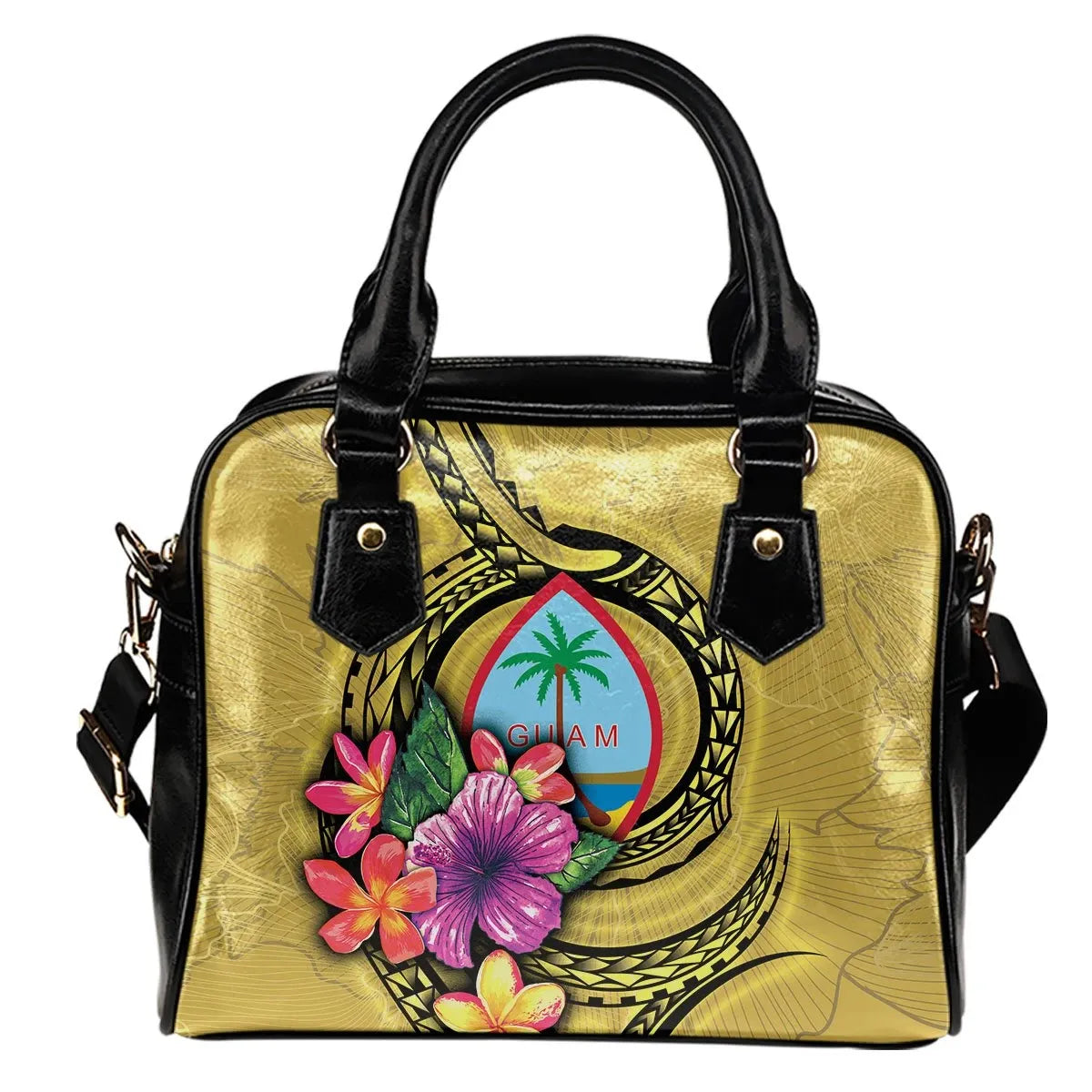Guam Polynesian Shoulder Handbag Floral With Seal Gold