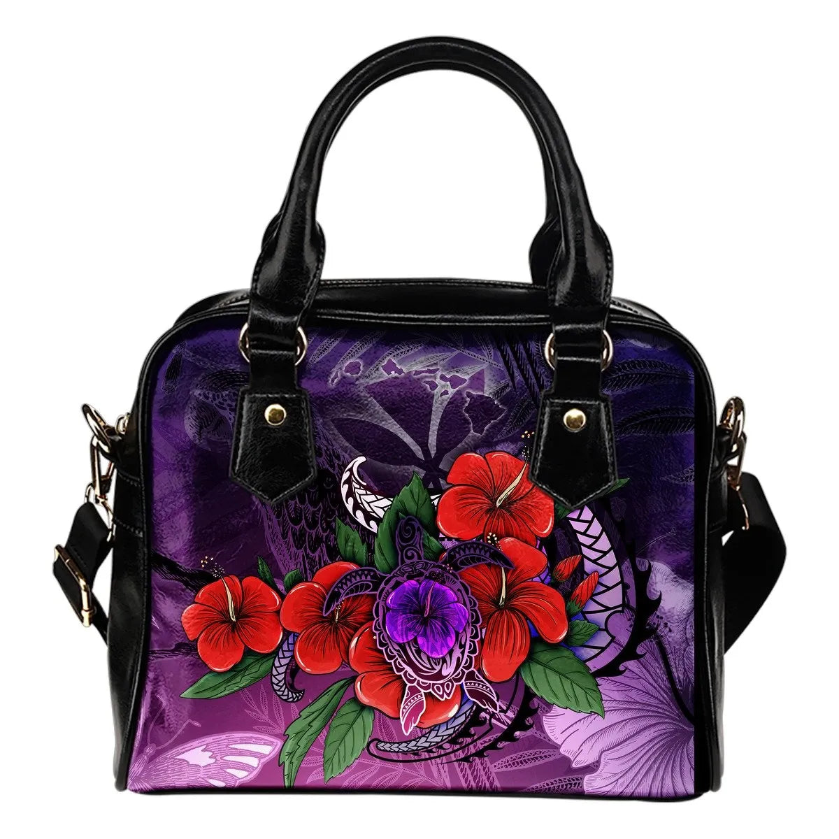 Polynesian Hawaii Shoulder Handbag Purple Hibiscus Turtle Flowing