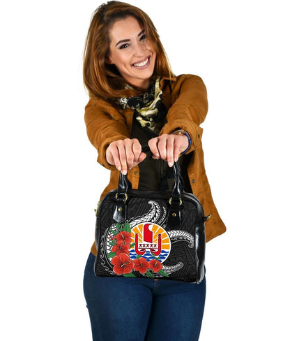 Tahiti Polynesian Shoulder Handbag Hibiscus Coat Of Arm Black