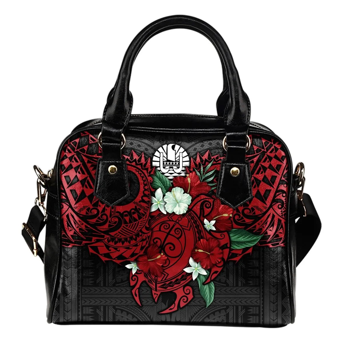 Tahiti Polynesian Shoulder Handbag Hibiscus And Sea Turtle Red