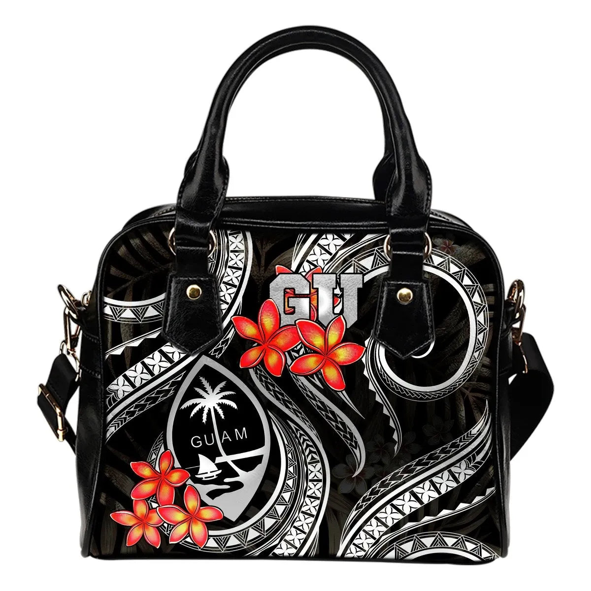 Guam Polynesian Shoulder Handbag Black Plumeria