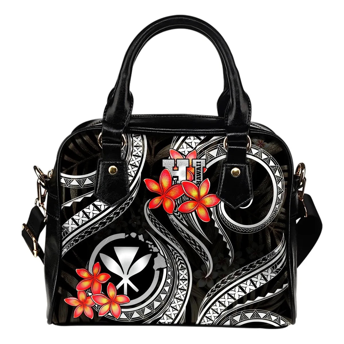 Polynesian Hawaii Shoulder Handbag Black Plumeria