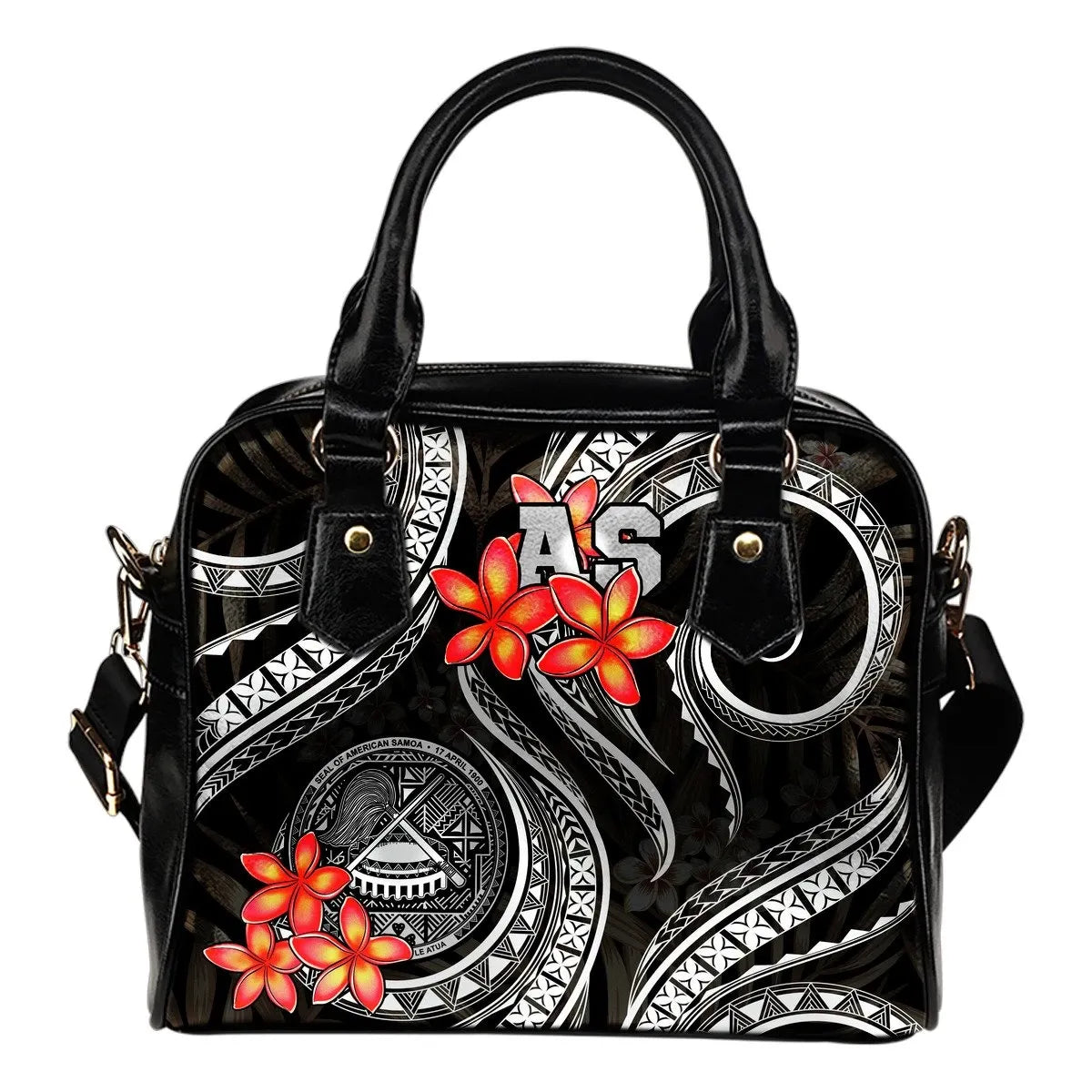 American Samoa Polynesian Shoulder Handbag Black Plumeria