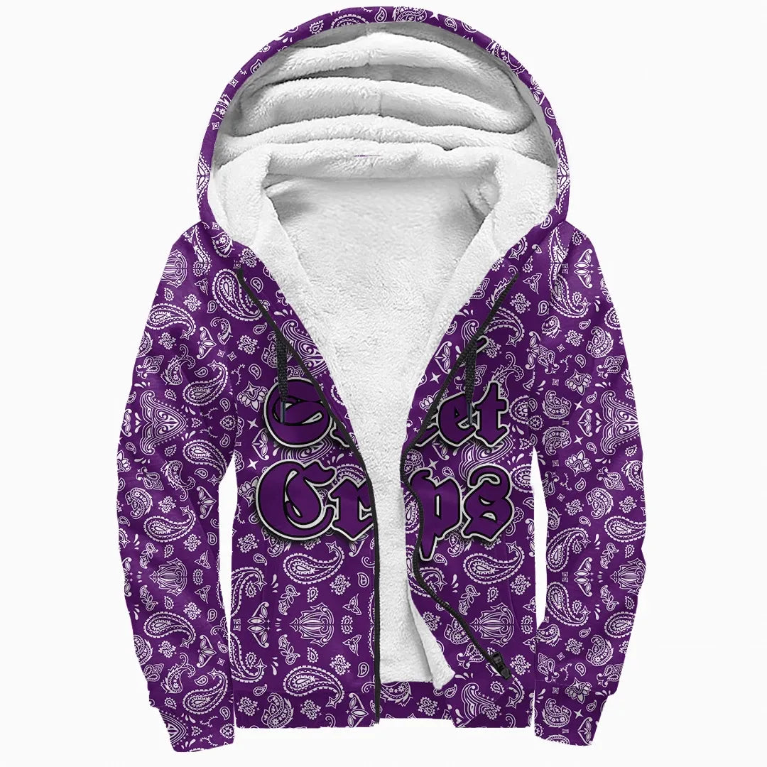 Grape Street Crips Sherpa Hoodie Purple Bandana Pattern Printed Fleece Hoodie