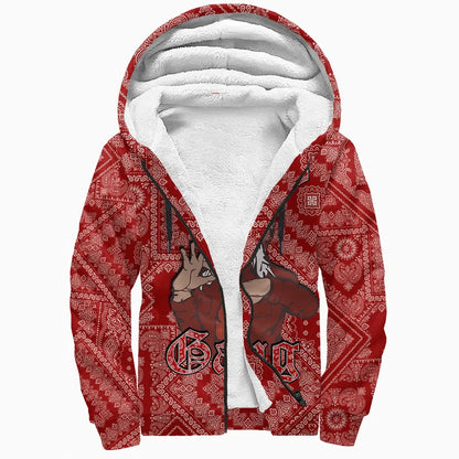 Blood Gang Sherpa Hoodie - Red Paisley Printed Fleece Hoodie