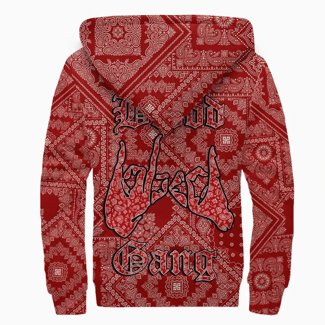 Blood Gang Sherpa Hoodie - Red Paisley Printed Fleece Hoodie