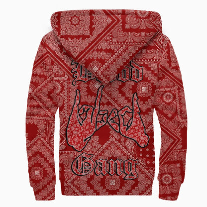 Blood Gang Sherpa Hoodie - Red Paisley Printed Fleece Hoodie
