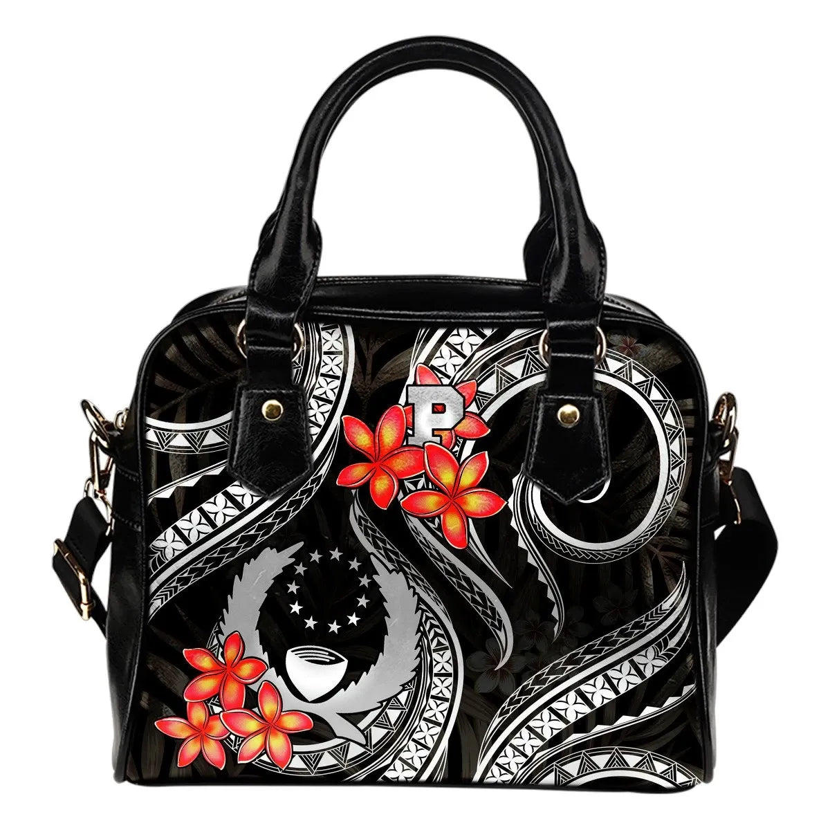 Pohnpei Micronesian Shoulder Handbag Black Plumeria