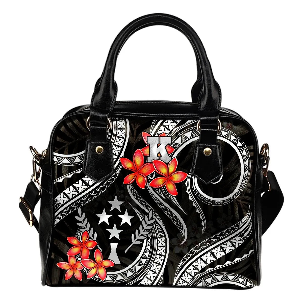 Kosrae Micronesian Shoulder Handbag Black Plumeria