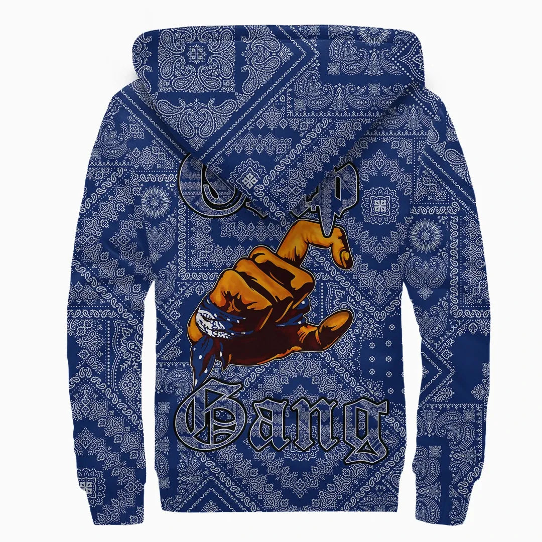 Crips Gang Bulldog Sherpa Hoodie - Blue Bandana Pattern Printed Fleece Hoodie