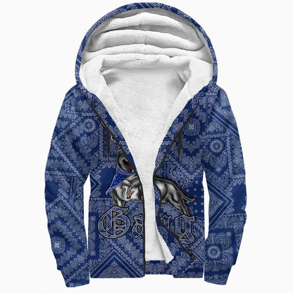 Crips Gang Bulldog Sherpa Hoodie - Blue Bandana Pattern Printed Fleece Hoodie