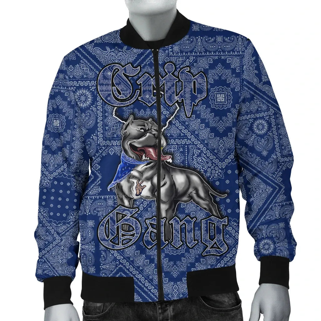 Crips Gang Bulldog Bomber Jacket - Blue Paisley
