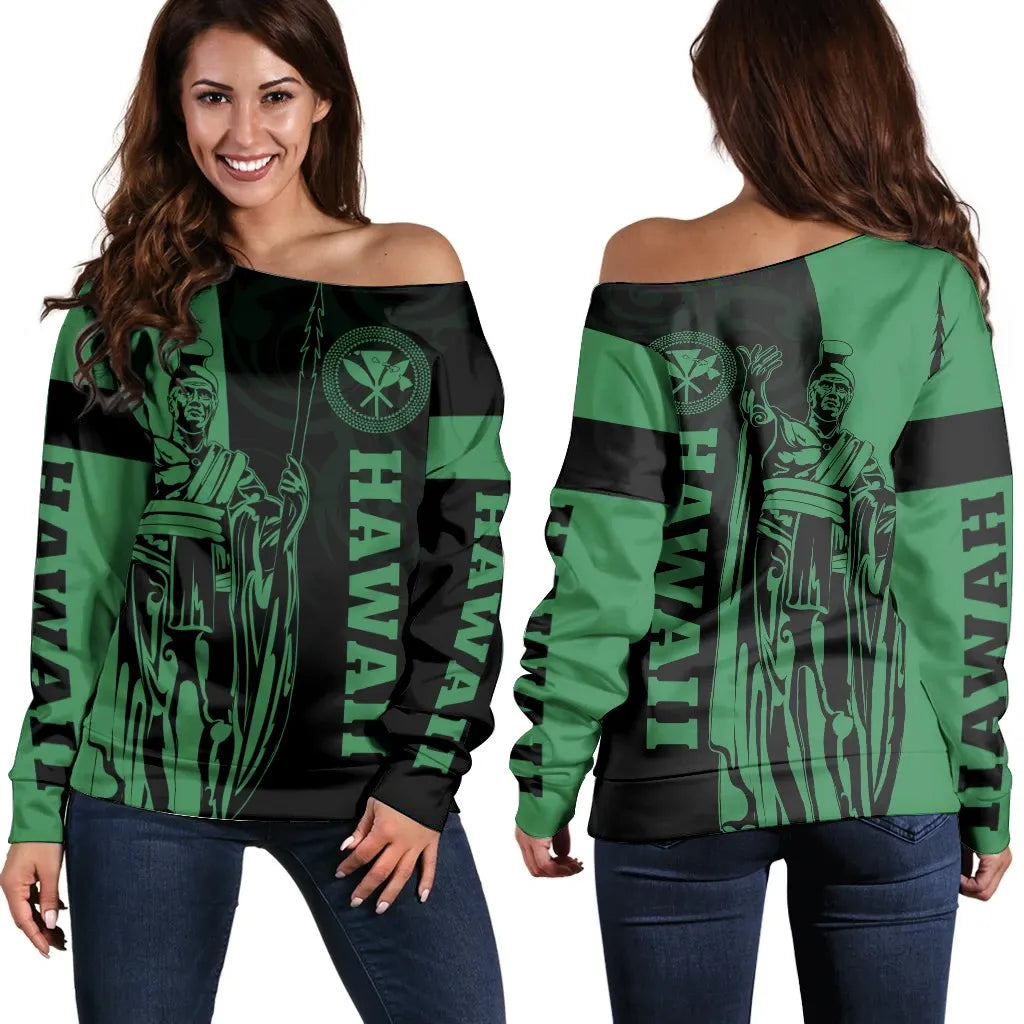 Polynesian Sweater Hawaii King Polynesian Women's Off Shoulder Sweater Green Lawla Style