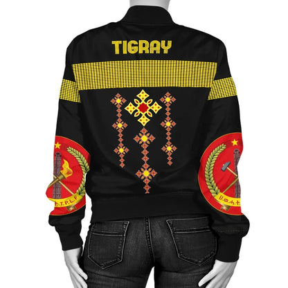 Tigray Bomber Jacket, Tigray Round Pattern Flag Women Black