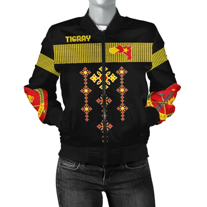 Tigray Bomber Jacket, Tigray Round Pattern Flag Women Black