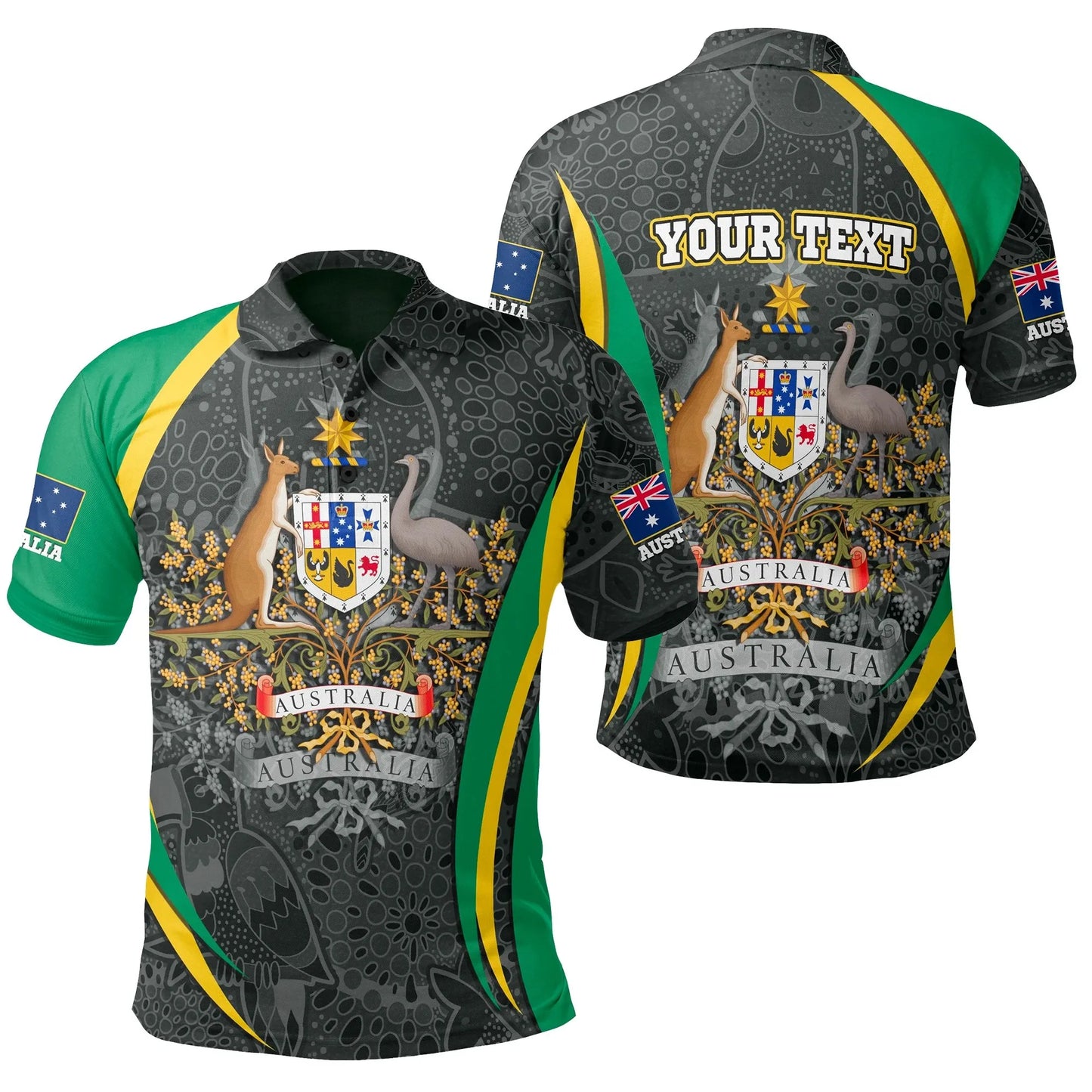 Custom Text Australia Polo Shirt, Australian Coat of Arms Aussie Spirit Green