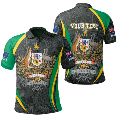 Custom Text Australia Polo Shirt, Australian Coat of Arms Aussie Spirit Green