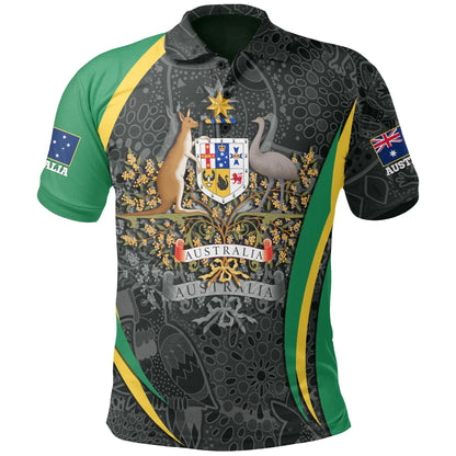 Custom Text Australia Polo Shirt, Australian Coat of Arms Aussie Spirit Green