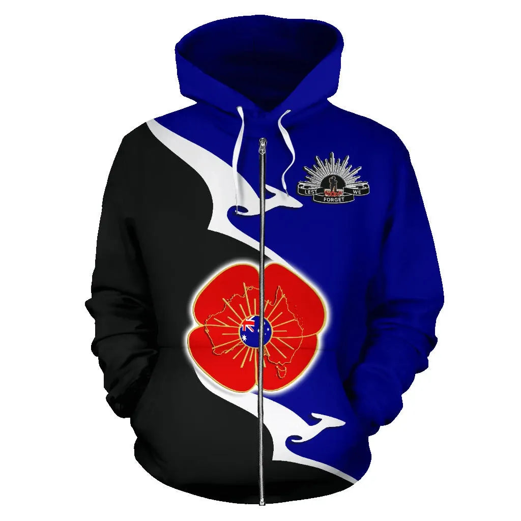 Australia Anzac Zip Up Hoodie Lest We Forget Poppy Map Kangaroo Blue