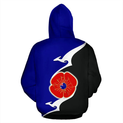 Australia Anzac Zip Up Hoodie Lest We Forget Poppy Map Kangaroo Blue