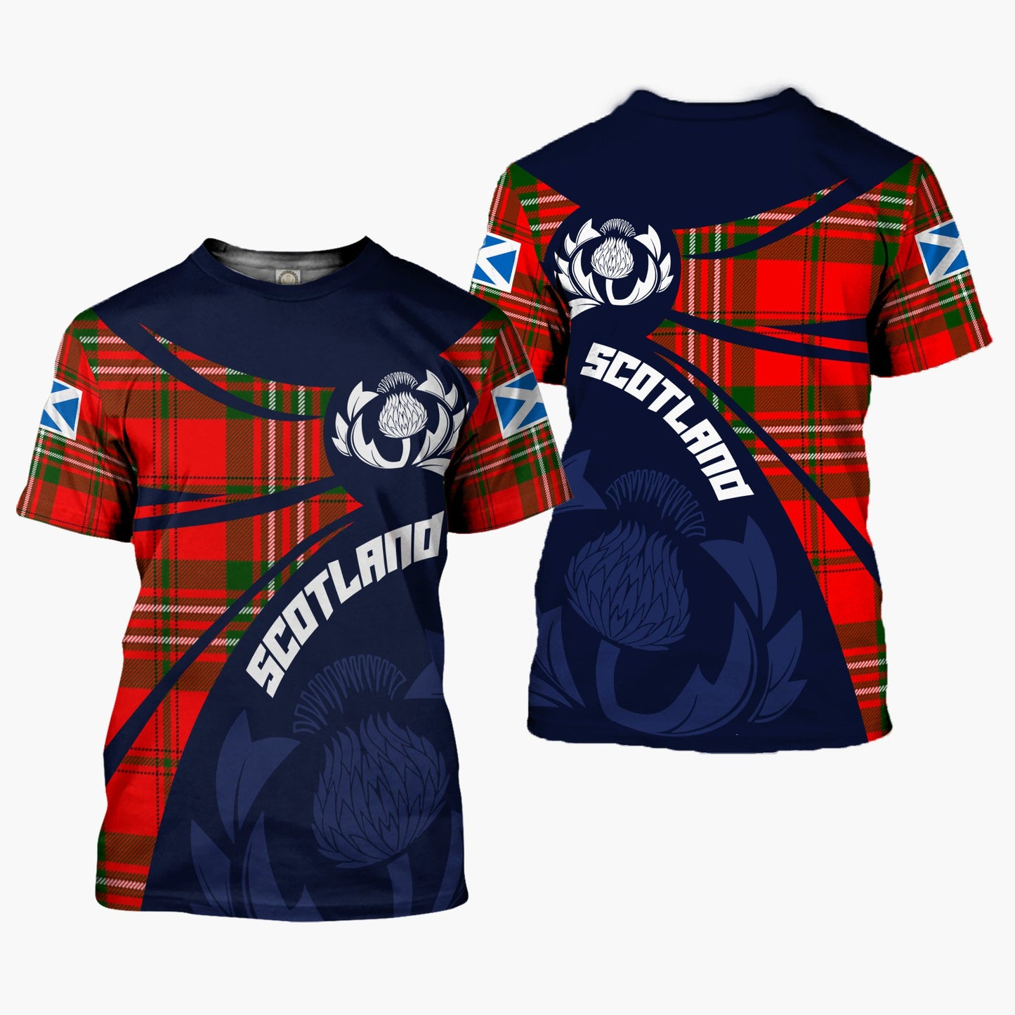 Printivon Thistle Flowers and Scottish Tartan Scott Family Custom Tee Shirt