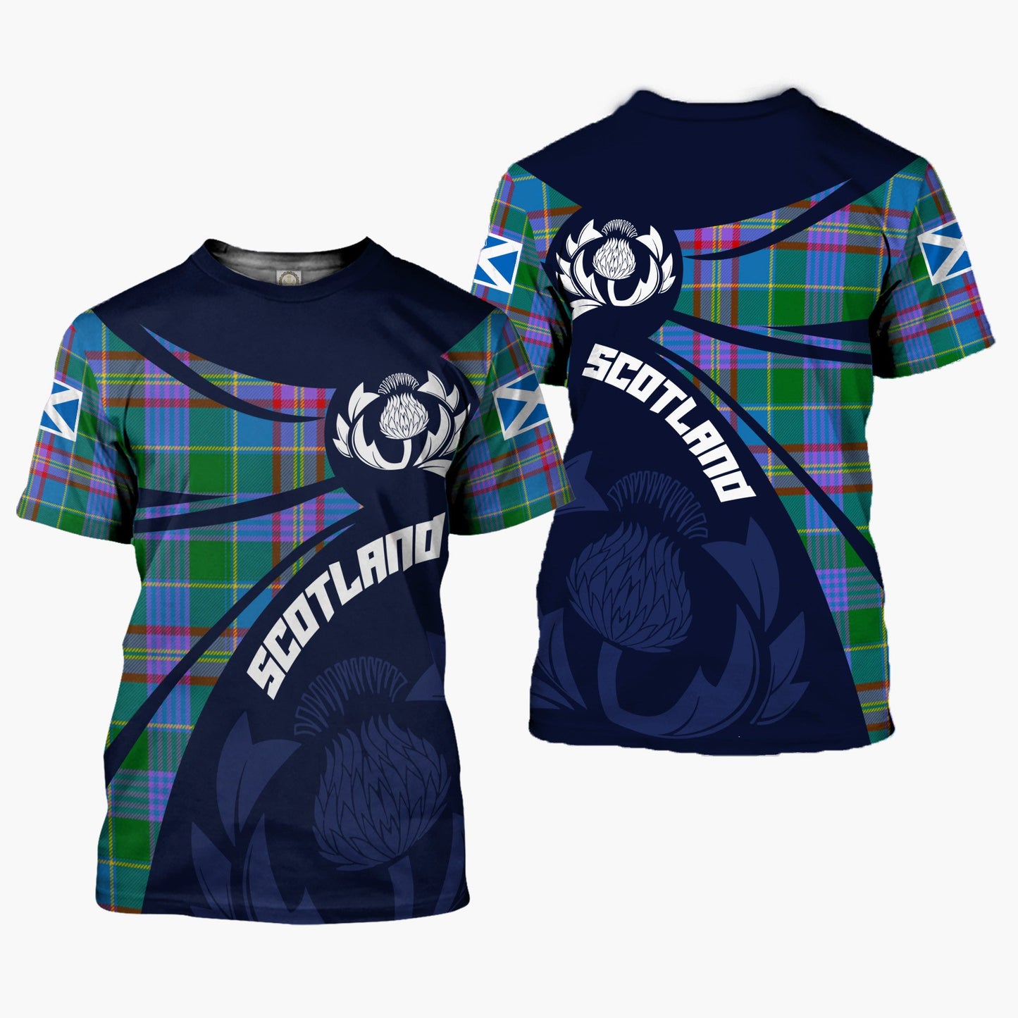 Printivon Thistle Flowers and Scottish Tartan Pitcairn Family Custom Tee Shirt