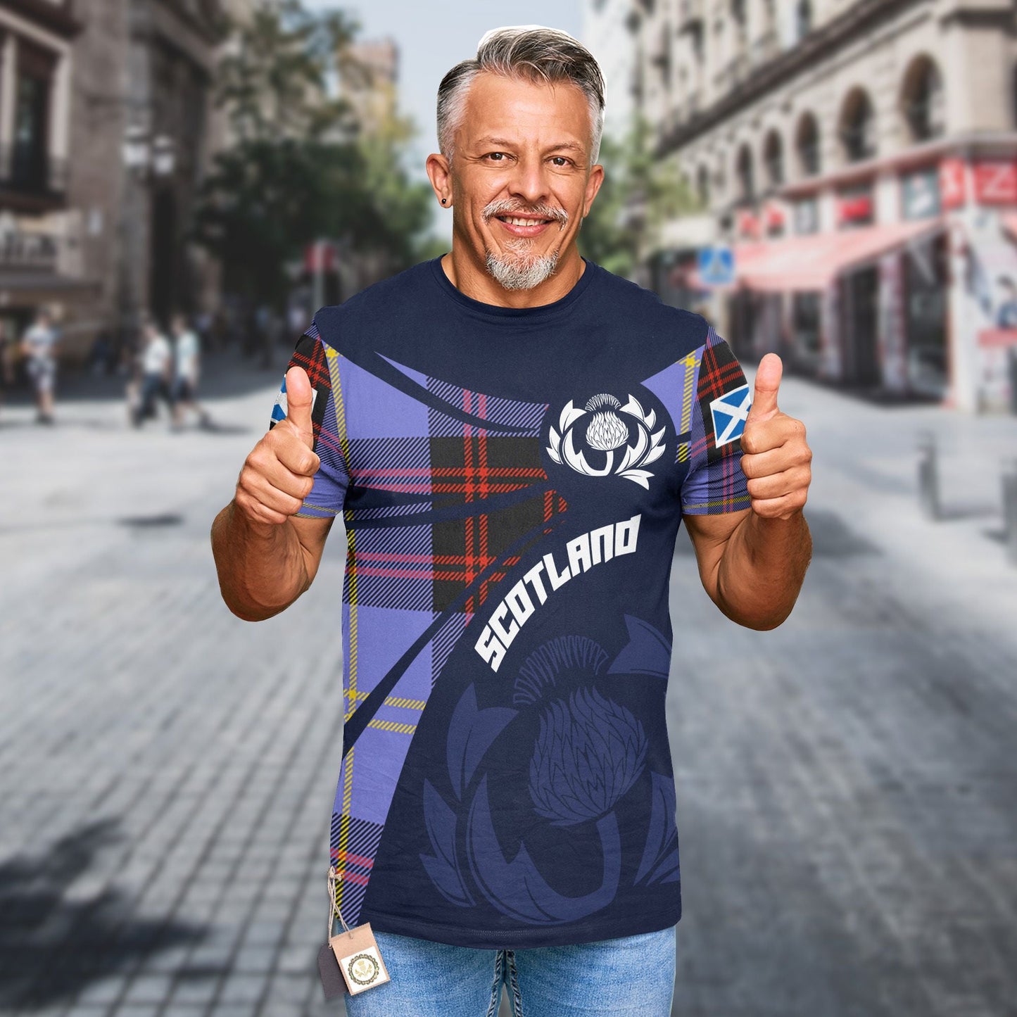 Printivon Thistle Flowers and Scottish Tartan Rutherford Family Custom Tee Shirt