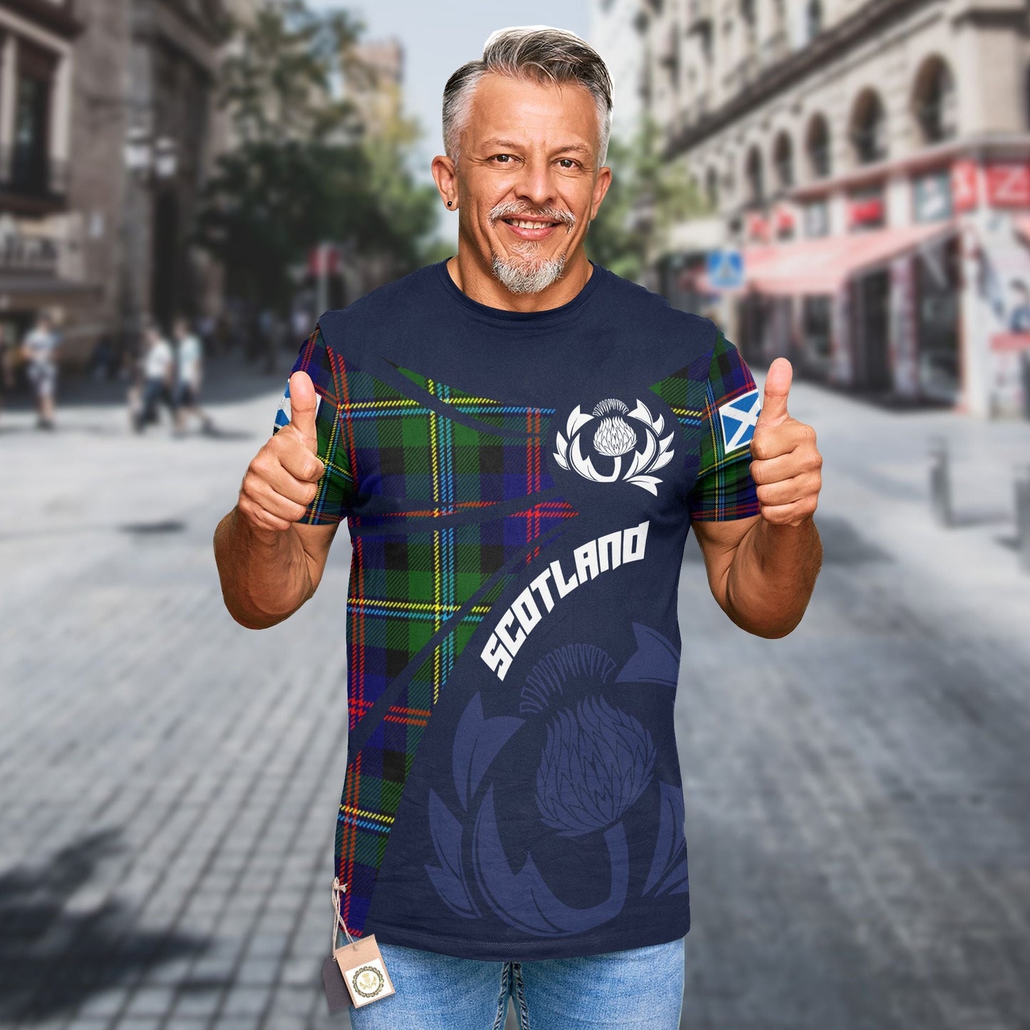 Printivon Thistle Flowers and Scottish Tartan Malcolm or MacCallum Family Custom Tee Shirt