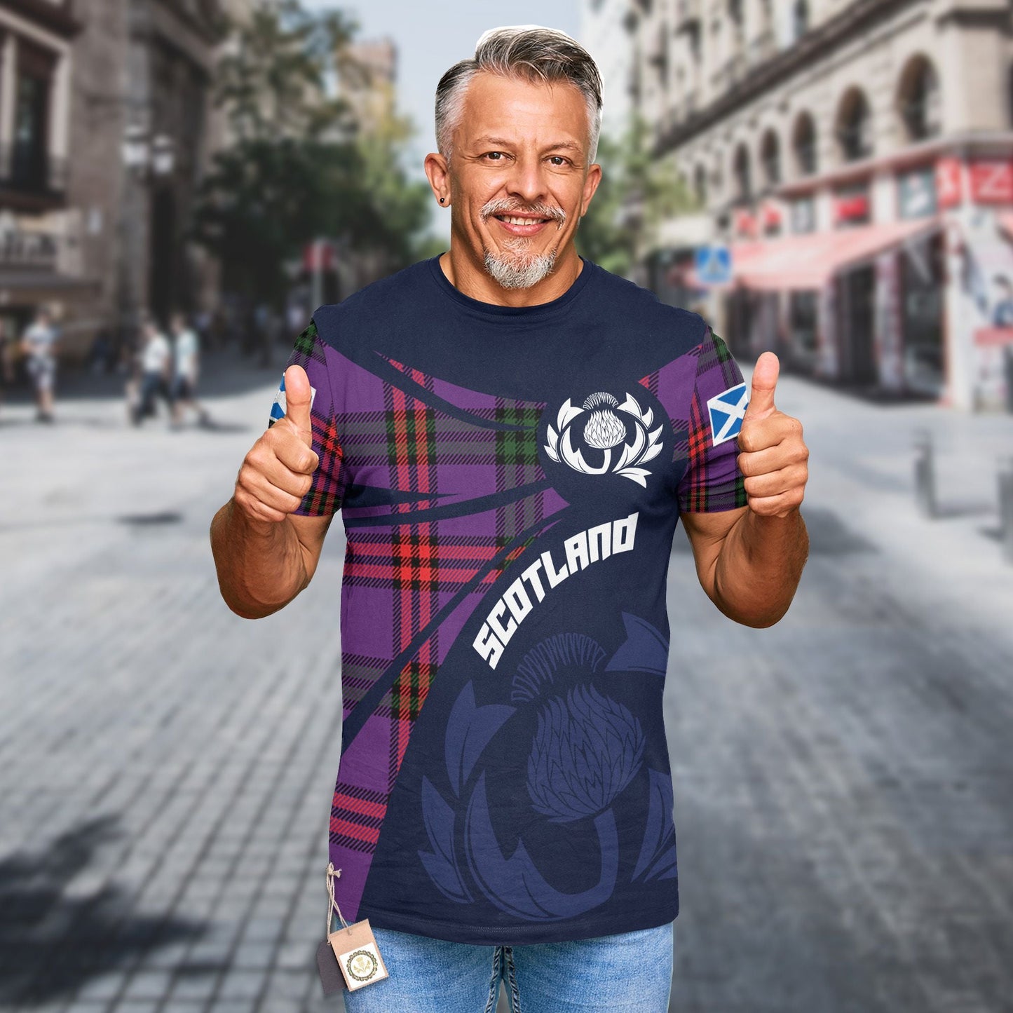 Printivon Thistle Flowers and Scottish Tartan Montgomery Family Custom Tee Shirt