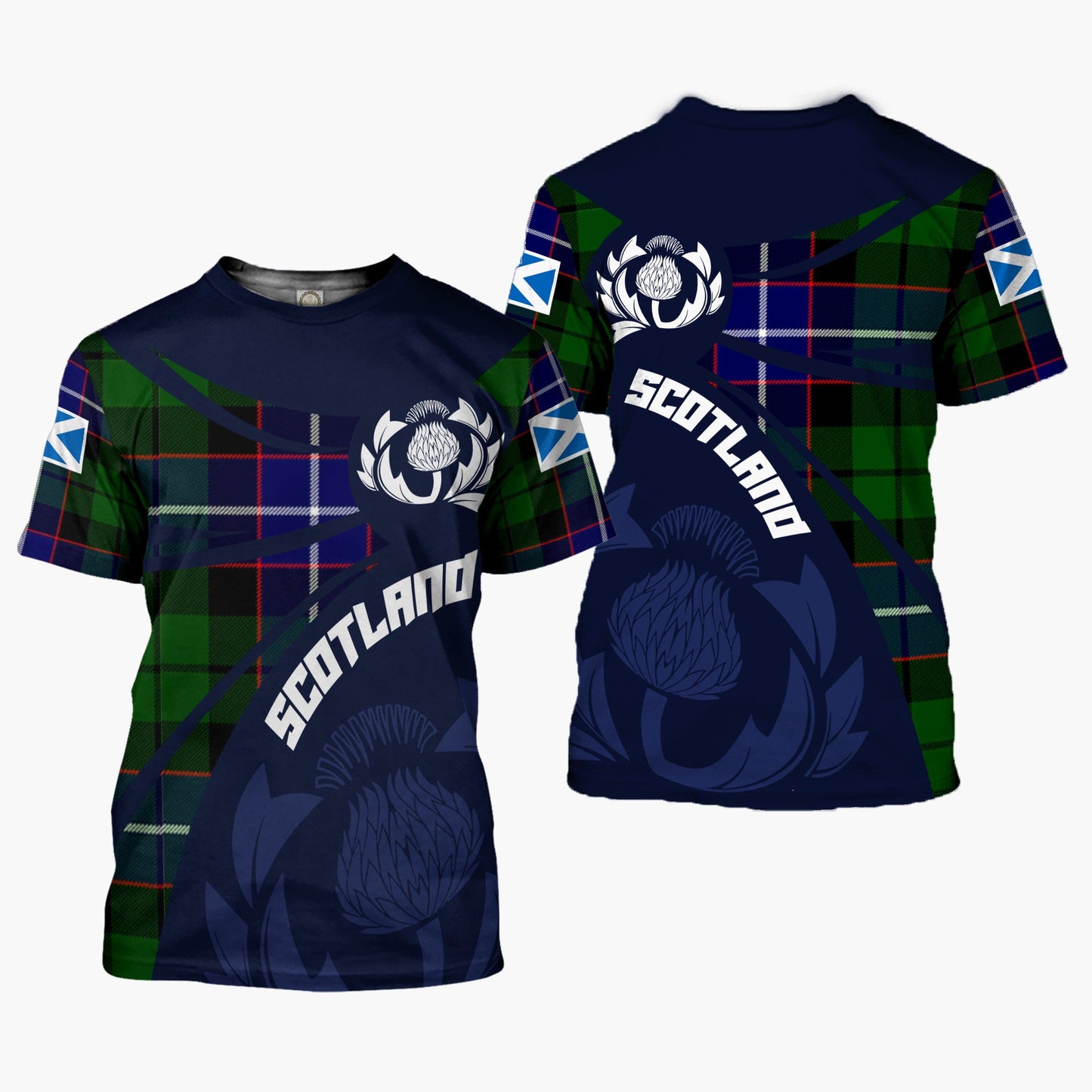Printivon Thistle Flowers and Scottish Tartan Russell Family Custom Tee Shirt