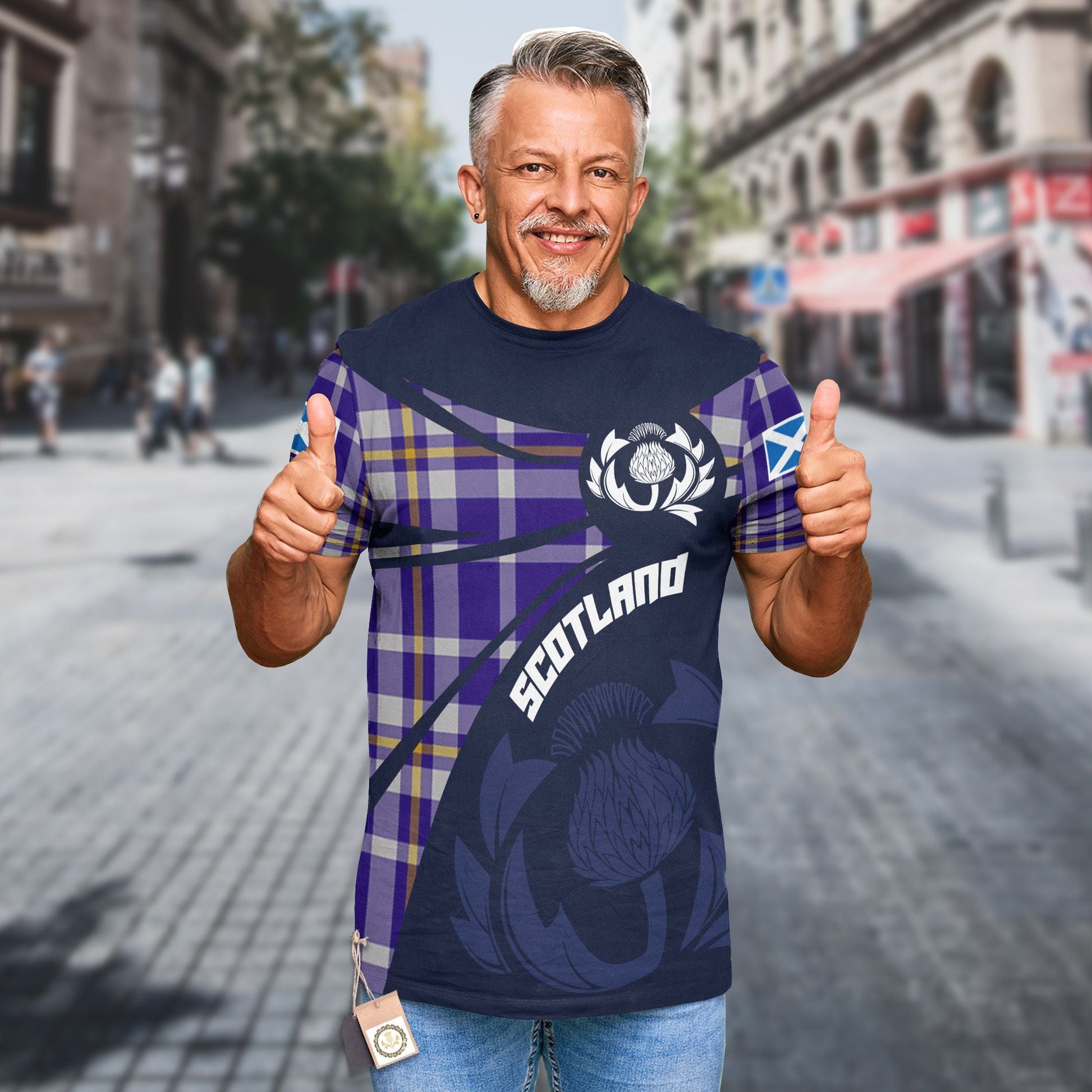 Printivon Thistle Flowers and Scottish Tartan Ochterlony Family Custom Tee Shirt