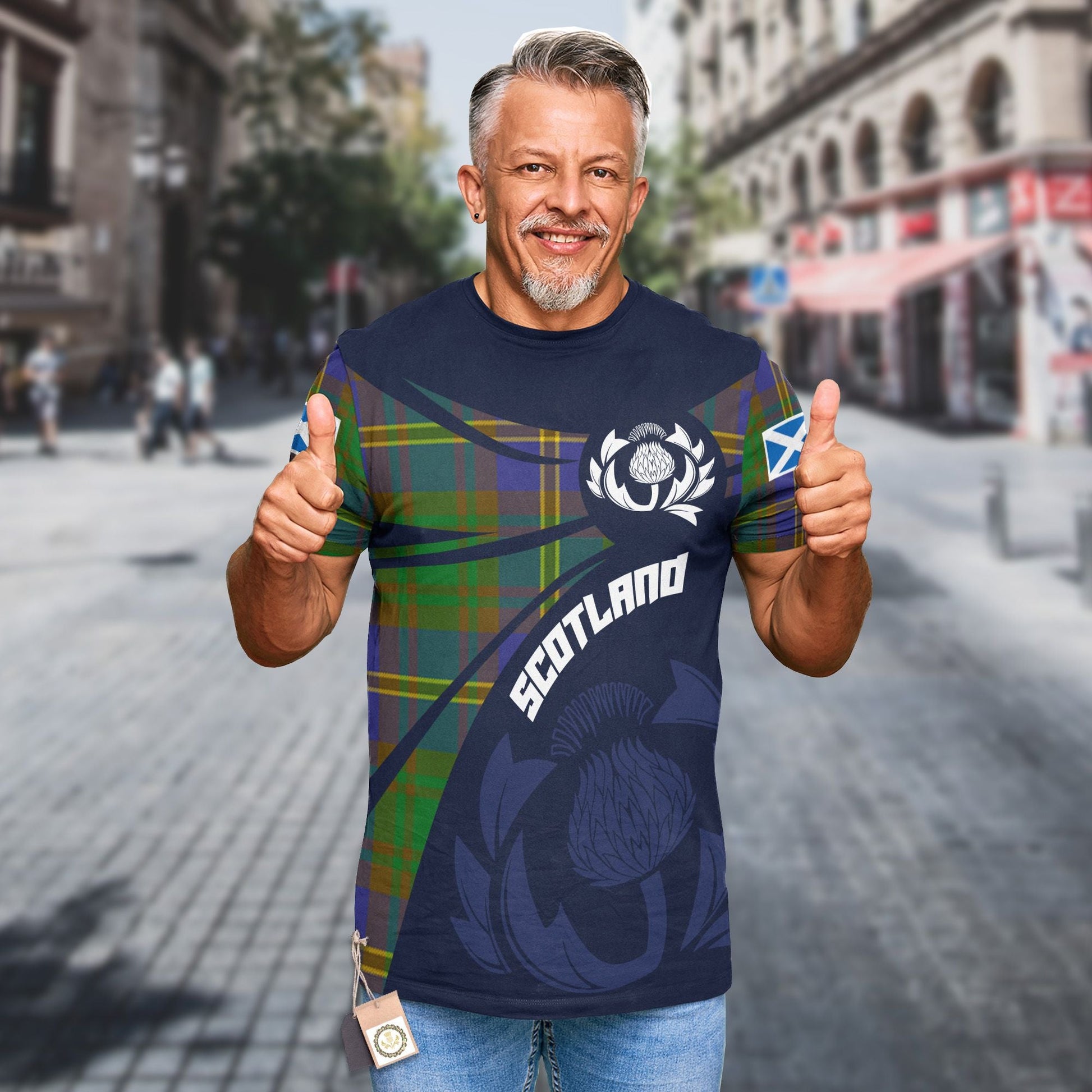 Printivon Thistle Flowers and Scottish Tartan Strange or Strang Family Custom Tee Shirt