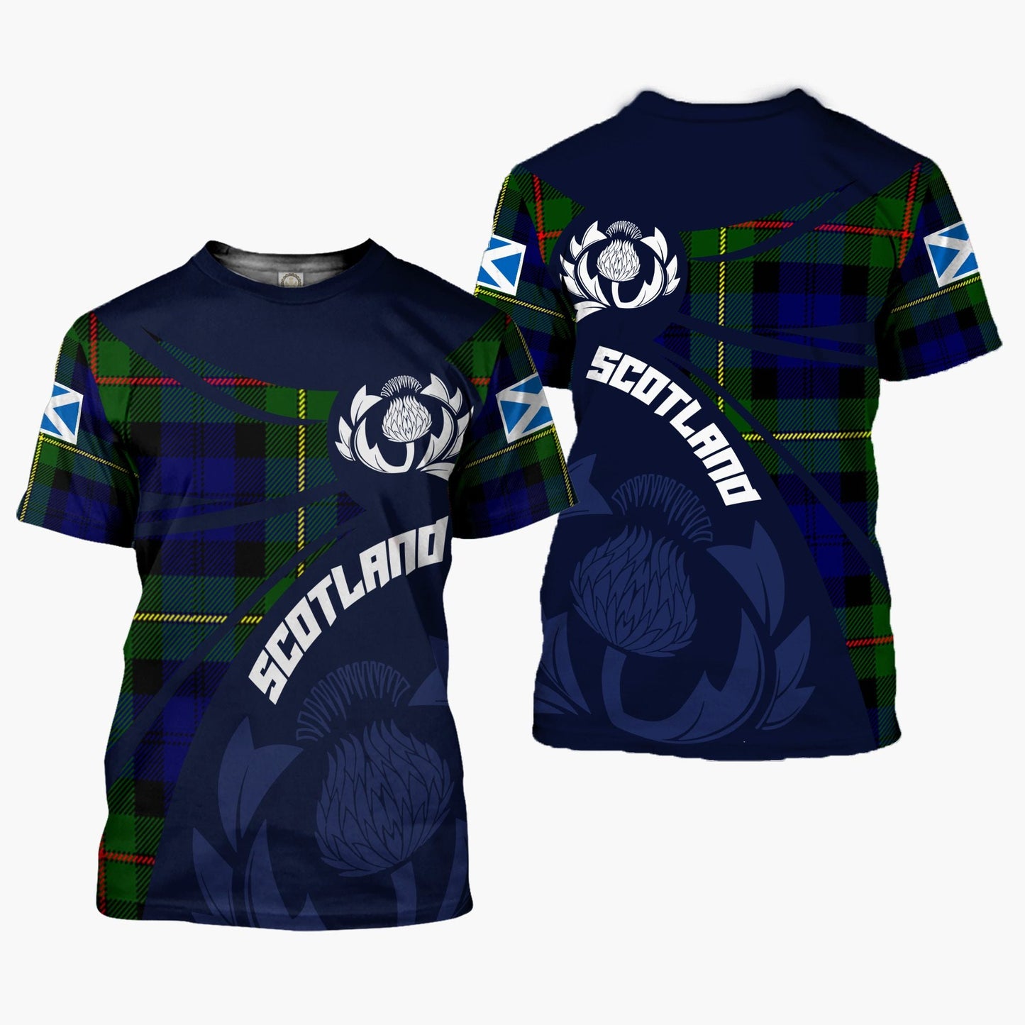 Printivon Thistle Flowers and Scottish Tartan MacEwen Family Custom Tee Shirt