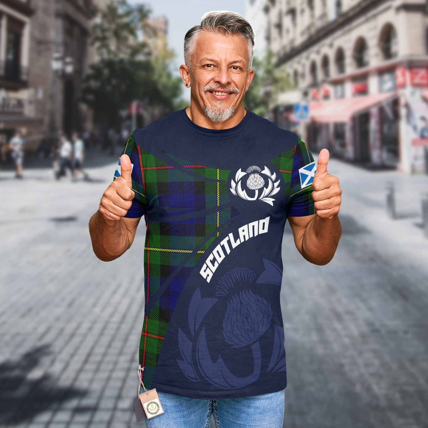 Printivon Thistle Flowers and Scottish Tartan MacEwen Family Custom Tee Shirt