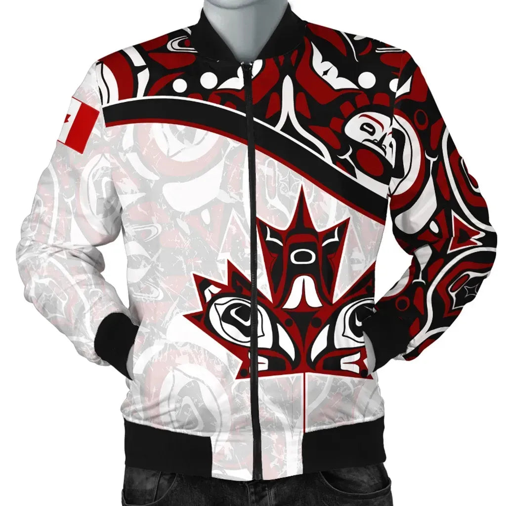 Canada Day Men's Bomber Jacket - Haida Maple Leaf Style Tattoo White