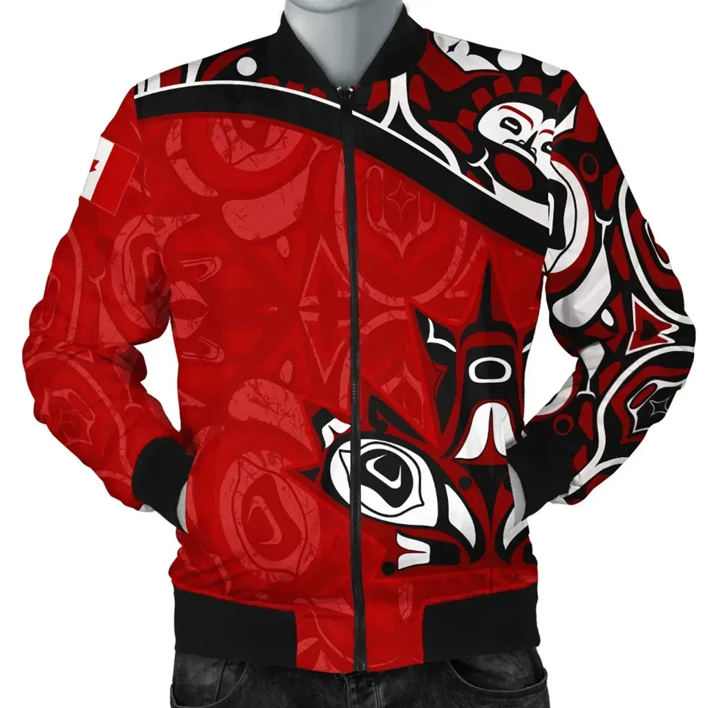 Canada Day Men's Bomber Jacket - Haida Maple Leaf Style Tattoo Red