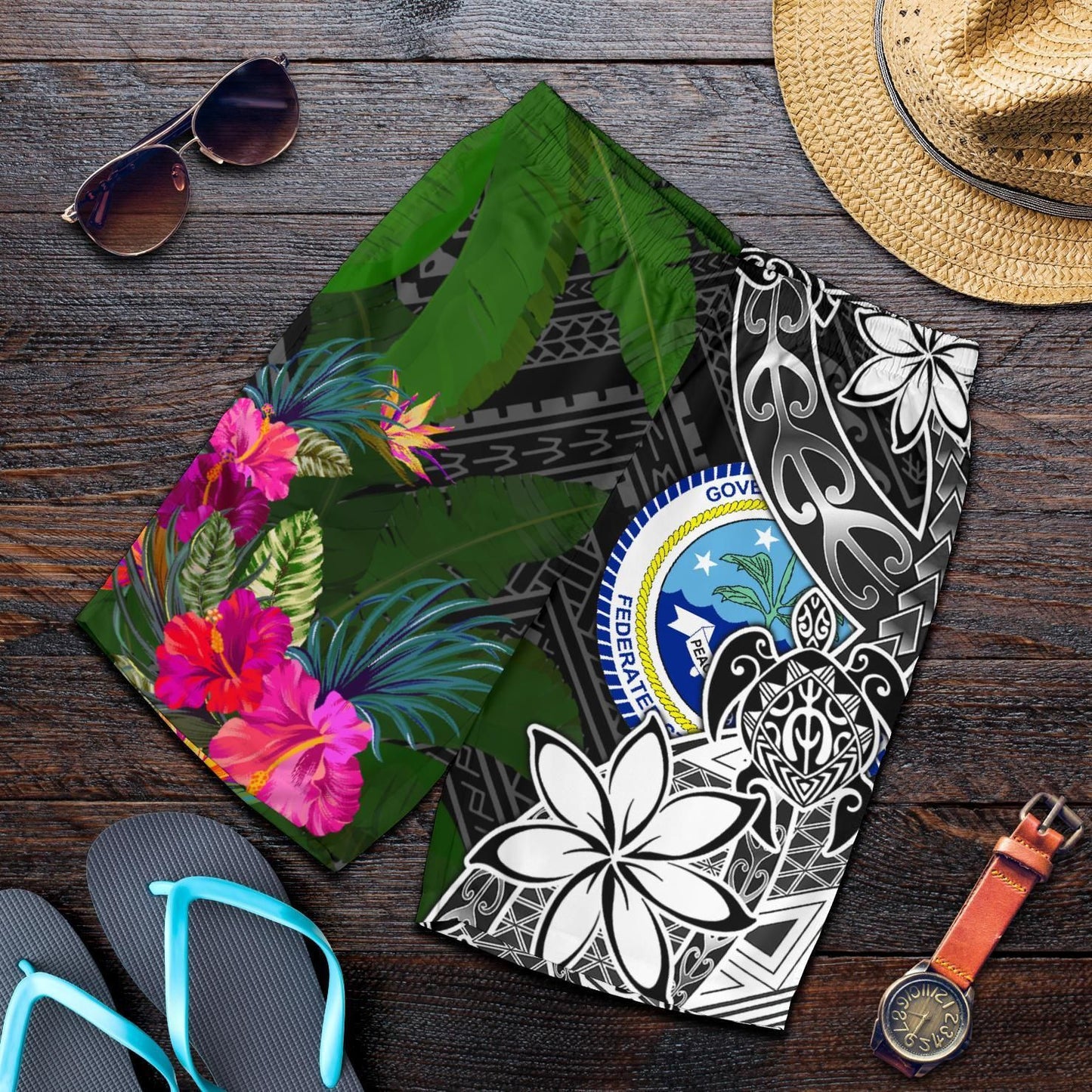 Federated States of Micronesia Men Shorts Turtle Plumeria Banana Leaf