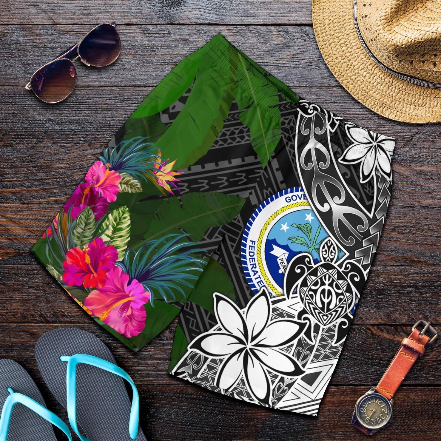 Federated States of Micronesia Men Shorts Turtle Plumeria Banana Leaf