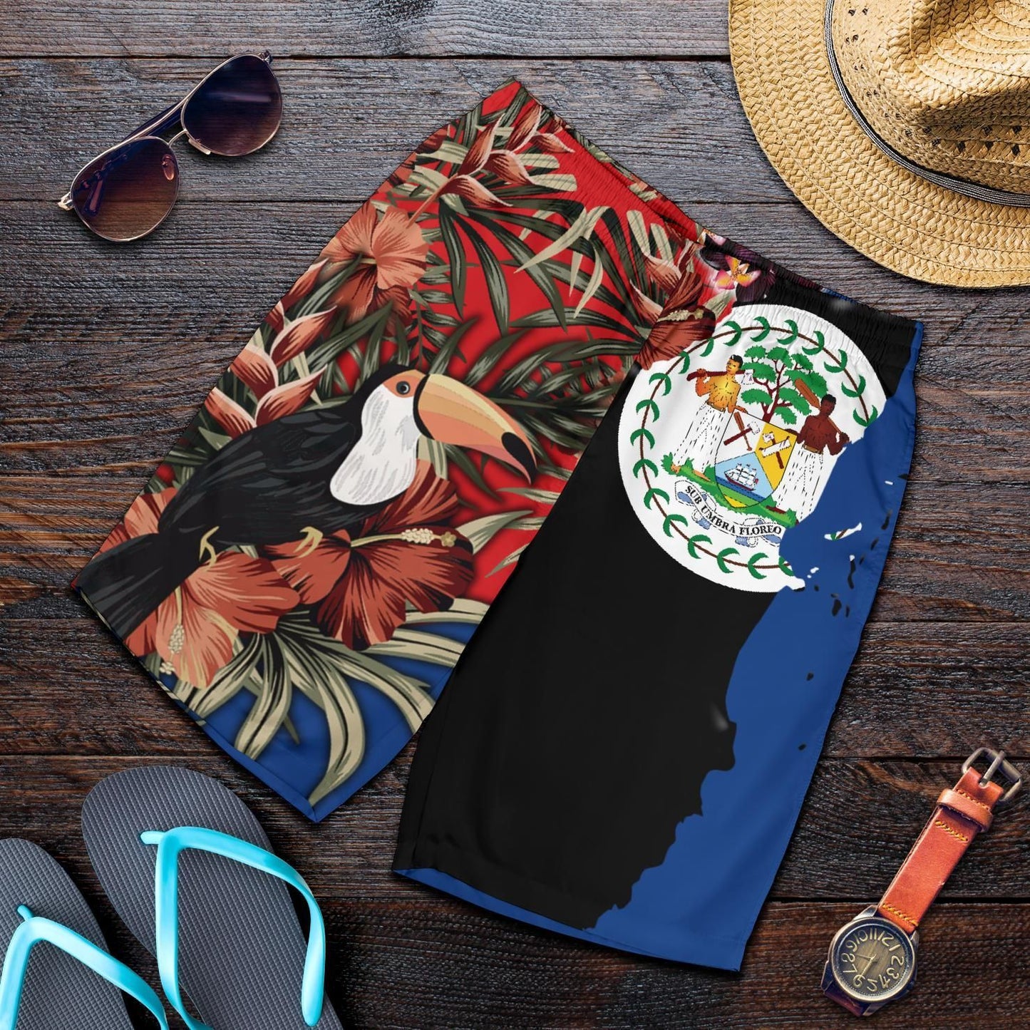 Belize Men's Short Belize National Flag with Toucan and Black Orchid Bn19